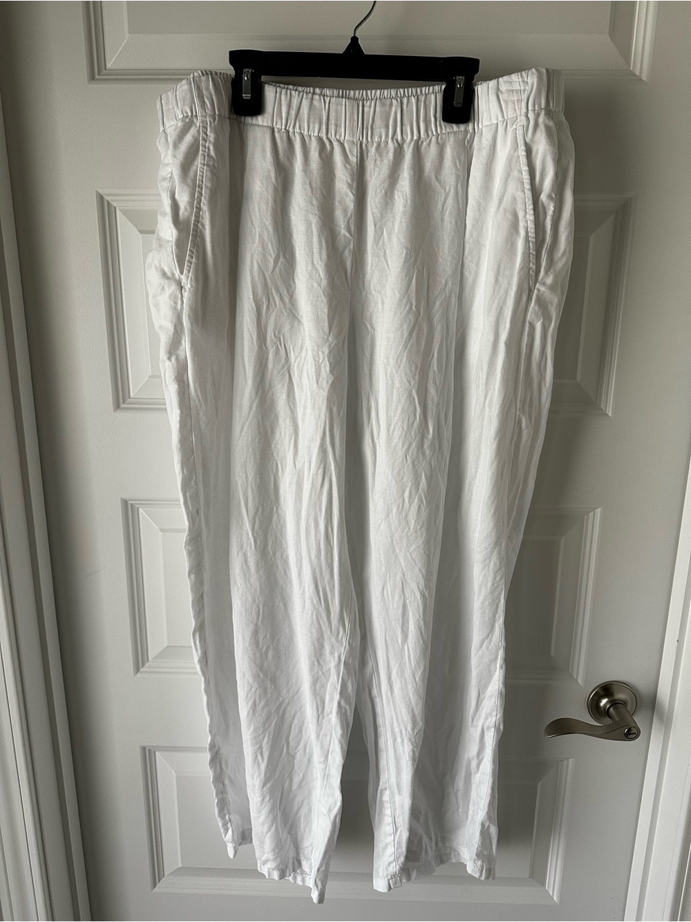 Eileen Fisher White Elastic-Waist 100% Linen Blend Pants, Size Large
